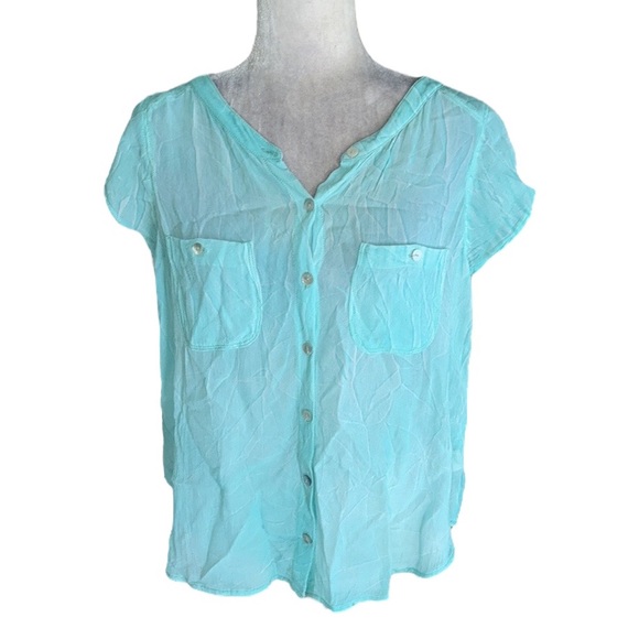 Free People Spellbound Aqua Marbled Chiffon Overlapping Back Blouse - S - Picture 5 of 15